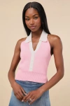 Lulus Ameliah Pink And White Collared Sweater Tank Top