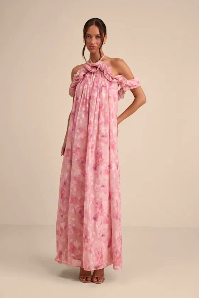 Lulus Amia Pink Floral Burnout Ruffled Shift Maxi Dress