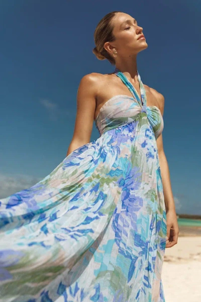 Lulus Aminah Blue Multi Floral Pleated Halter Midi Dress