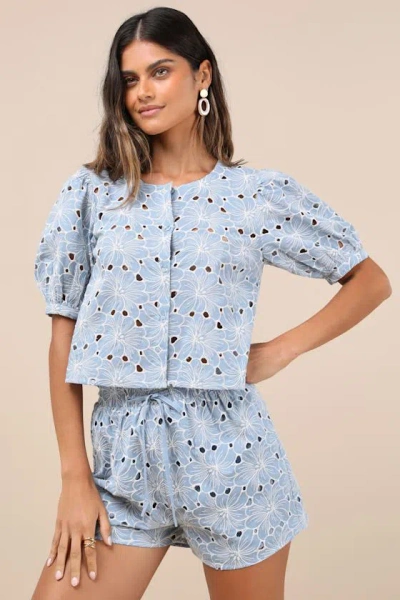 Lulus Aminta Blue Eyelet Embroidered Puff Sleeve Top
