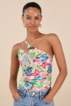 Lulus Anahera Green Floral Mesh Cutout One-shoulder Bodysuit