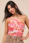 Lulus Anahera Pink Floral Mesh Cutout One-shoulder Bodysuit
