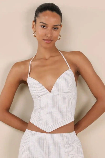 Lulus Anahita Cream And Blue Striped Halter Top