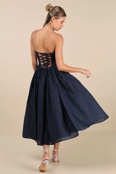 Lulus Analeia Dark Navy Jacquard Lace-up Strapless Midi Dress