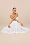 Lulus Analeia Ivory Jacquard Lace-up Strapless Midi Dress In Ivory