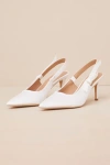Lulus Ancolie White Satin Bow Pointed-toe Slingback Pumps In White