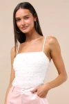 Lulus Andreina White Rhinestone Mesh Ruched Bodysuit