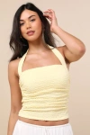 Lulus Andressa Light Yellow Textured Knit Ruched Halter Top In Yellow