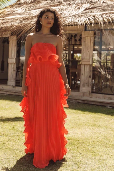 Lulus Andri Bright Orange Pleated Ruffled Maxi Dress