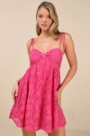 Lulus Angelic Admiration Hot Pink Tie-shoulder Babydoll Mini Dress In Hot Pink