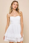 LULUS ANGELIC APPROACH WHITE CHIFFON RUFFLED TIE-STRAP MINI DRESS