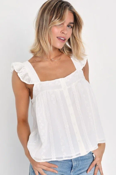 Lulus Angelic Sweetie White Ruffled Embroidered Button-front Top