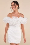 Lulus Angelic Trend White Embroidered Ruffled One-shoulder Mini Dress In White