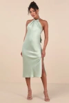 Lulus Angelique Sage Satin Backless Halter Midi Dress In Green