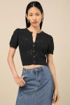 Lulus Annetta Black Pointelle Knit Button-front Crop Top In Black