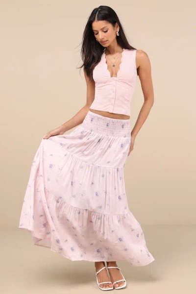 Lulus Anthea Light Pink Floral Smocked Tiered Maxi Skirt