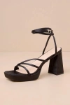 Lulus Antonnia Black Satin Strappy High Heel Ankle Wrap Sandals In Black