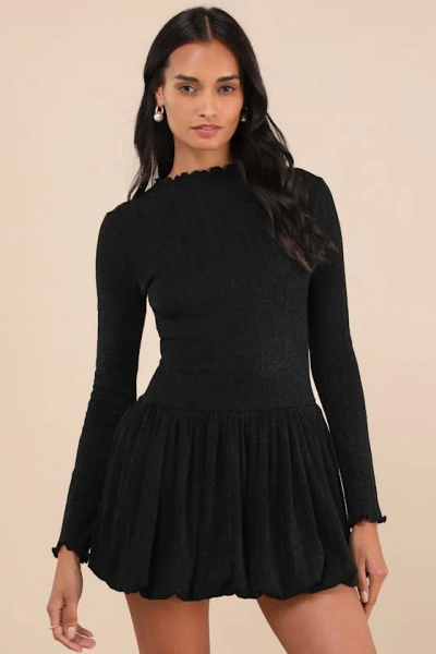 Lulus Approachably Adorable Black Ribbed Bubble Hem Mini Dress