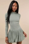 Lulus Approachably Adorable Sage Green Ribbed Bubble Hem Mini Dress In Sage Green