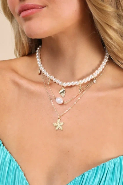 Lulus Aquata Gold Pearl Layered Charm Necklace