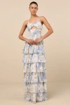 Lulus Arata Beige And Blue Floral Cutout Tiered Maxi Dress