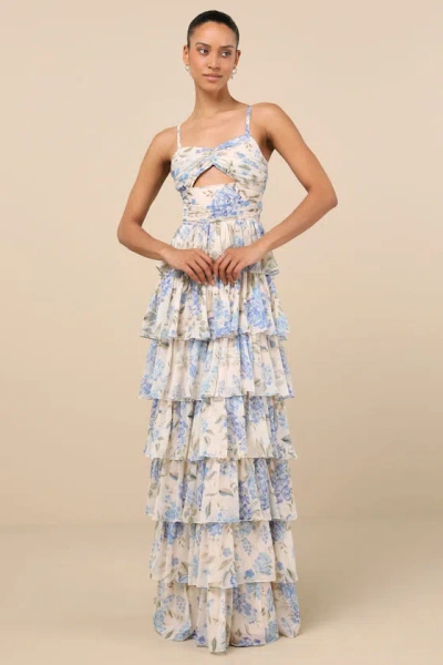 Lulus Arata Beige And Blue Floral Cutout Tiered Maxi Dress