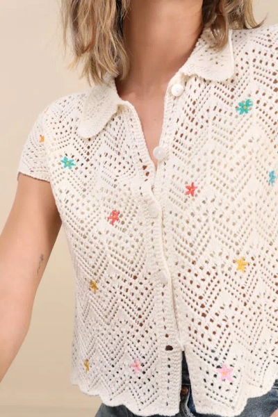 Lulus Arawn Ivory Floral Embroidered Pierced Knit Button-front Top
