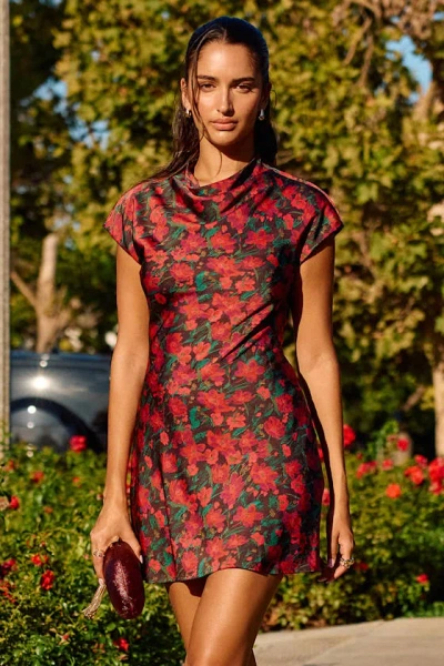 Lulus Ariya Red Multi Floral Satin Mock Neck Mini Dress