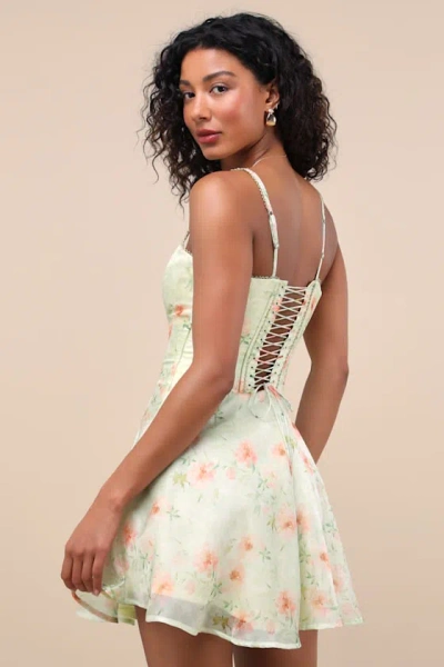 Lulus Armelle Light Green Floral Lace-up Mini Dress