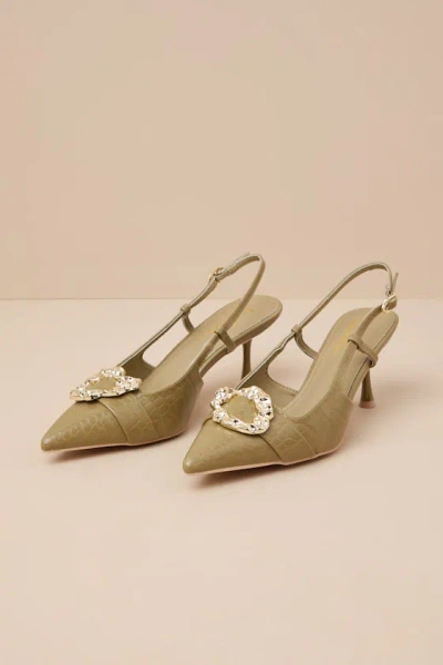 Lulus Artigan Green Tea Croc-embossed Slingback Pumps