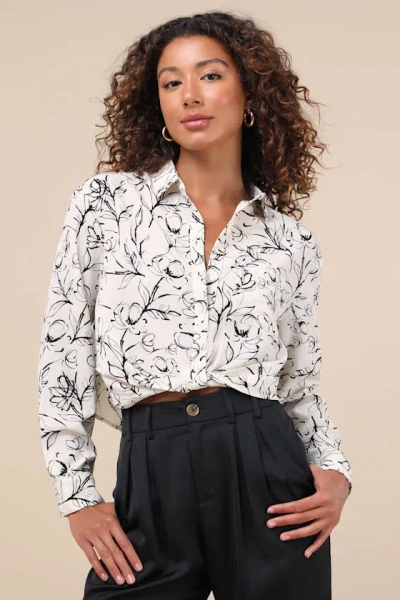 Lulus Artsy Attitude White Floral Collared Twist Hem Button-up Top