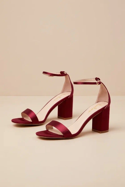 Lulus Arylee Sangria Satin Ankle Strap Heels In Red