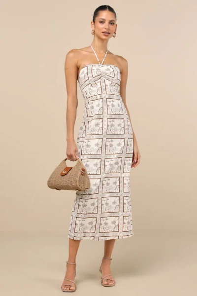 Lulus Asiya Beige Stamp Print Halter Midi Dress