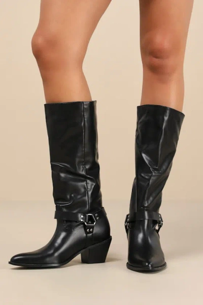 Lulus Assia Black Slip-on Knee-high Moto Boots