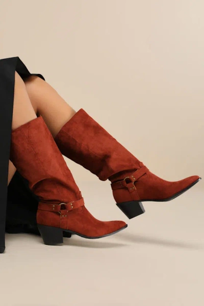 Lulus Assia Rust Suede Slip-on Knee-high Moto Boots In Brown