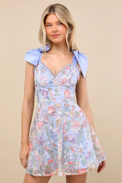 Lulus Astara Periwinkle Floral Embroidered Tie-strap Mini Dress
