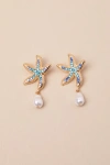 Lulus Asterina Blue And Gold Rhinestone Starfish Earrings
