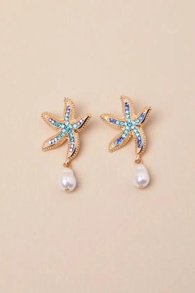 Lulus Asterina Blue And Gold Rhinestone Starfish Earrings In Multi
