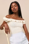 Lulus Atarah Cream Open-knit Off-the-shoulder Sweater Top