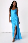 Lulus Attention Seeker Bright Blue Cowl Neck Maxi Dress In Blue