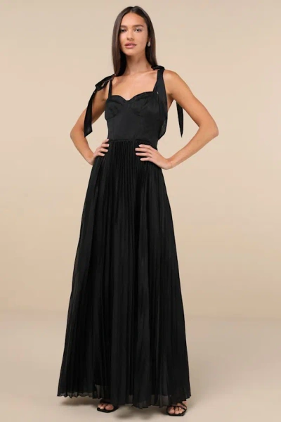 Lulus Attentive Elegance Black Tie-strap Bustier Pleated Maxi Dress