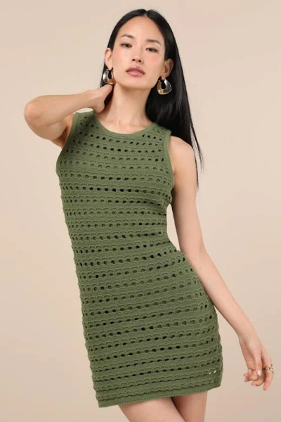 Lulus Attracted To You Olive Sleeveless Crochet Mini Bodycon Dress In Green