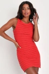 Lulus Attracted To You Red Sleeveless Crochet Mini Bodycon Dress In Red