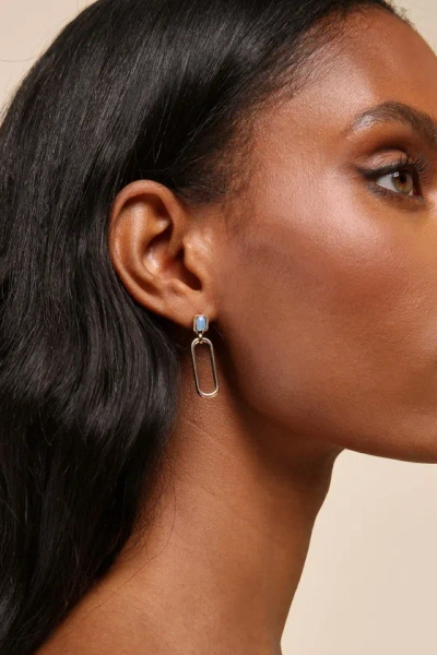Lulus Attractive Glow Gold Rhinestone Geometric Pendant Earrings In Metallic