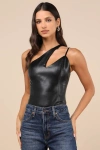 Lulus Attractive Influence Black Vegan Leather One-shoulder Bodysuit In Black