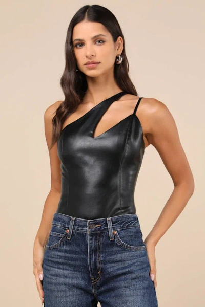 Lulus Attractive Influence Black Vegan Leather One-shoulder Bodysuit