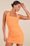 Lulus Attractive Radiance Orange Mesh Ruched Halter Mini Dress In Orange