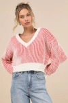 Lulus Attractively Cozy Red And White Striped V-neck Pullover Sweater In Red And White
