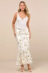 Lulus Aurelia Ivory 3d Floral Satin Maxi Skirt In Ivory