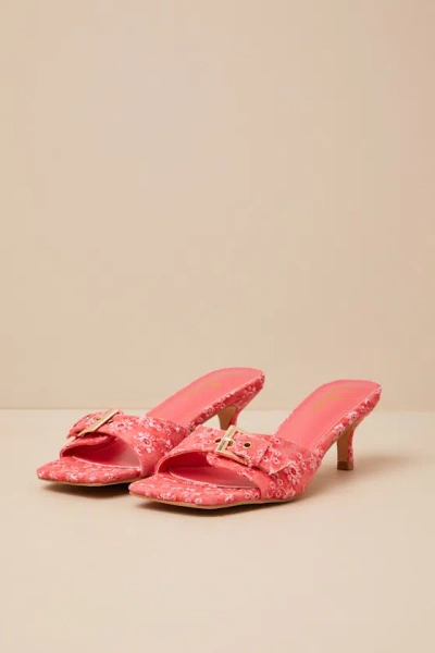 Lulus Austina Red Embroidered Buckle High Heel Slide Sandals